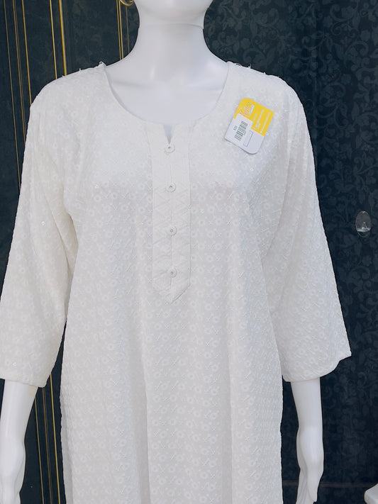 White chikankari Kurti | light sequin work - Kurti Connection USA