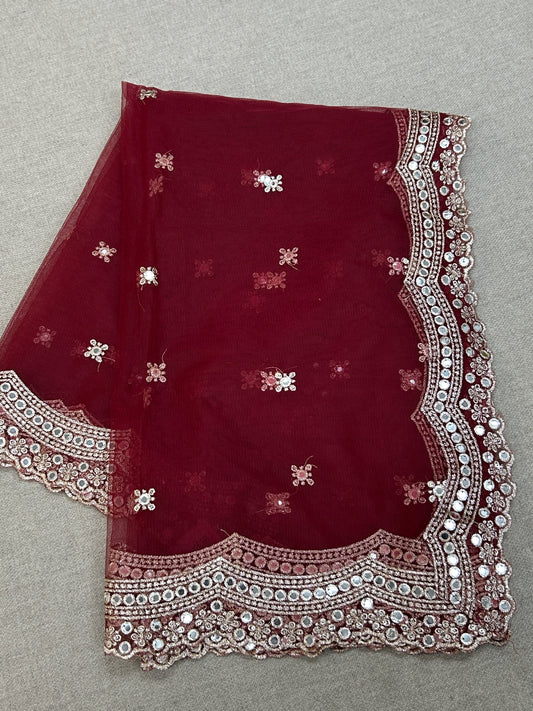 Fancy net dupatta: maroon with light gold work