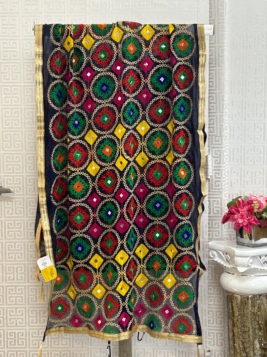 Navy blue dupatta with phulkari work