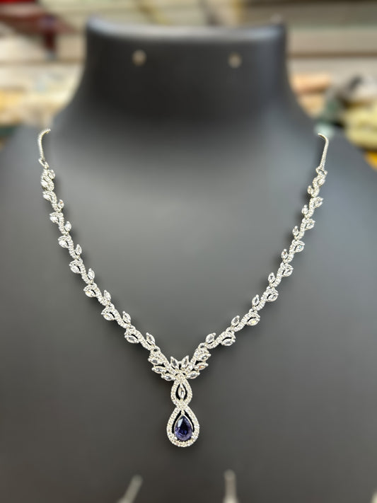 AD Silver Necklace with blue stone - Kurti Connection USA