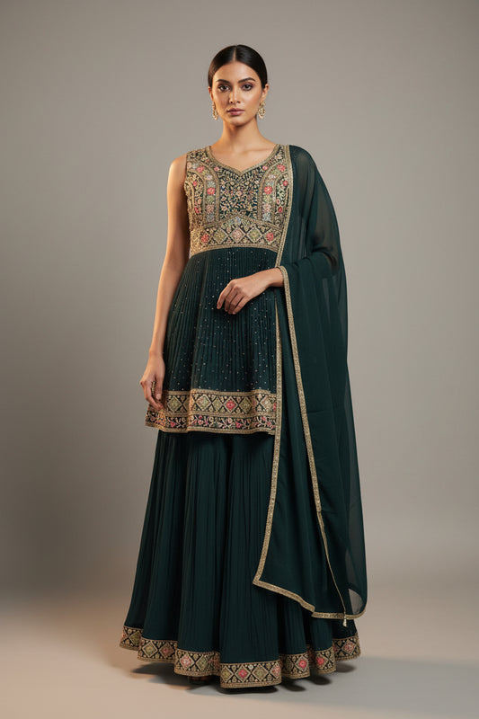 Chiffon sharara suit : dark green