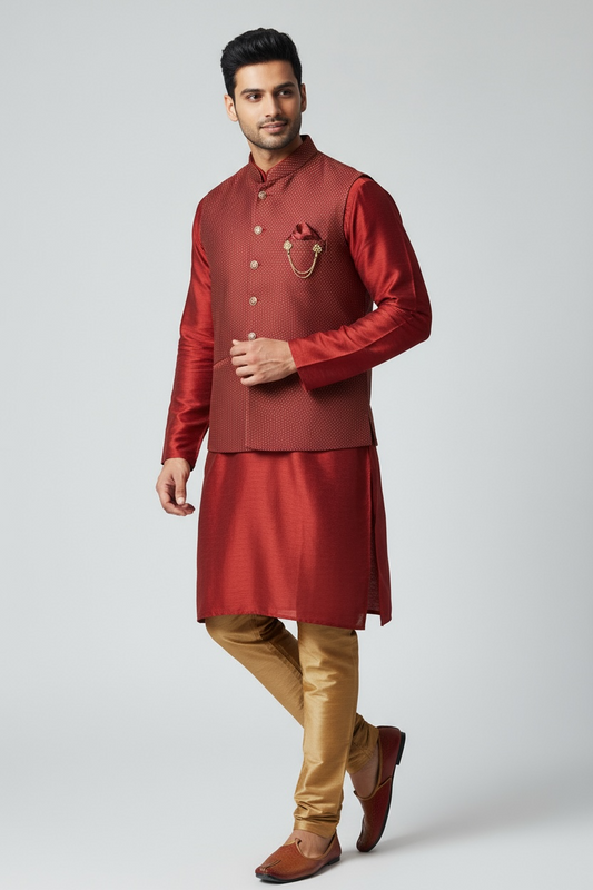 Dark maroon kurta pajama with jacket