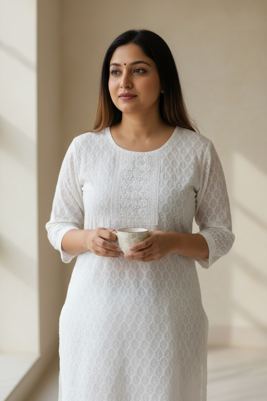 White chikankari kurti with light sequin work