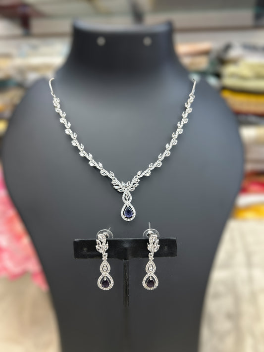 AD Silver Necklace with blue stone - Kurti Connection USA
